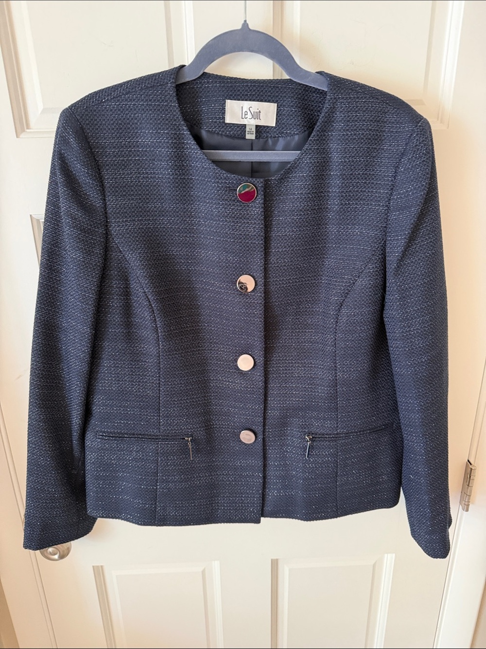 Le Suit Navy Blue Tweed metallic Weave Collarless Blazer Jacket - Size 14